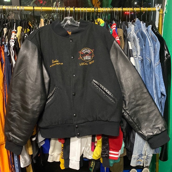 Mens Vintage Faux Leather Sleeve & Wool Embroidered Varsity Bomber Jacket - Picture 1 of 9